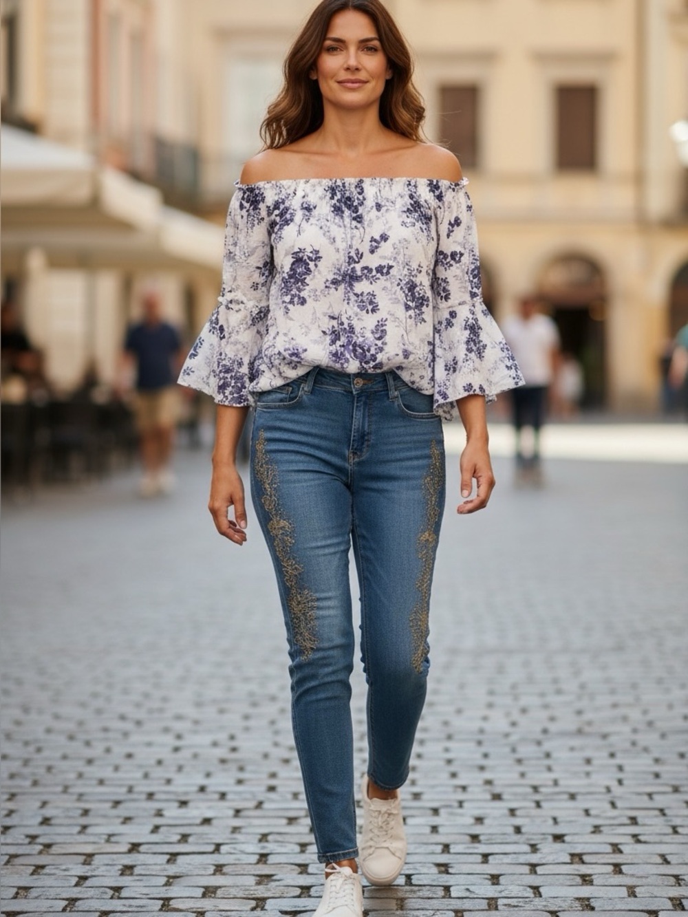 🔥Time and Tru Boho White Off-Shoulder Top w/ Blue Floral Print Ruffle Sleeves🔥
